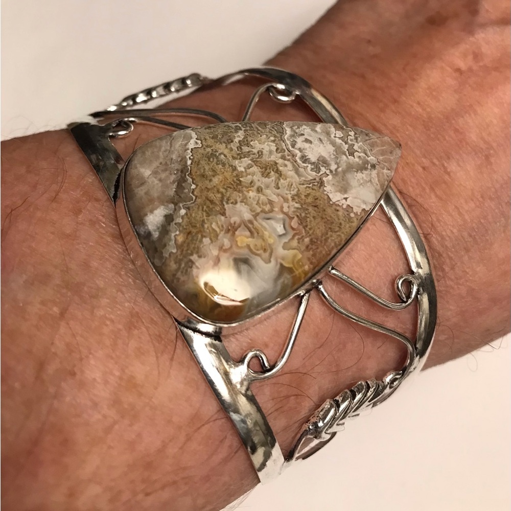 Mexican Laguna Lace Agate Stamped 925 Sterling Silver Cuff Bracelet
